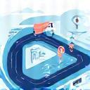 Icon: Lkw auf einer optimierten Route mit Pfeilen und GPS-Symbol