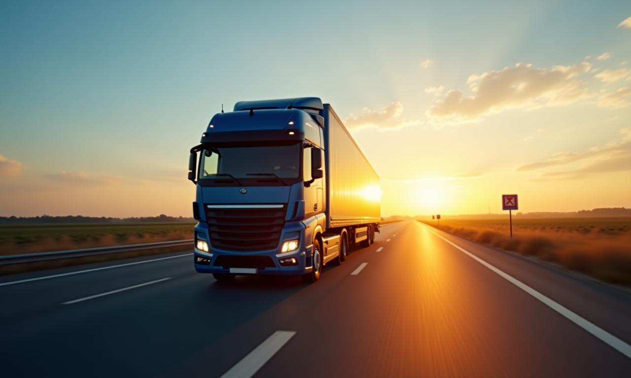 LKW fährt auf einer europäischen Autobahn bei Sonnenuntergang, symbolisiert effizientes Maut- und Flottenmanagement.